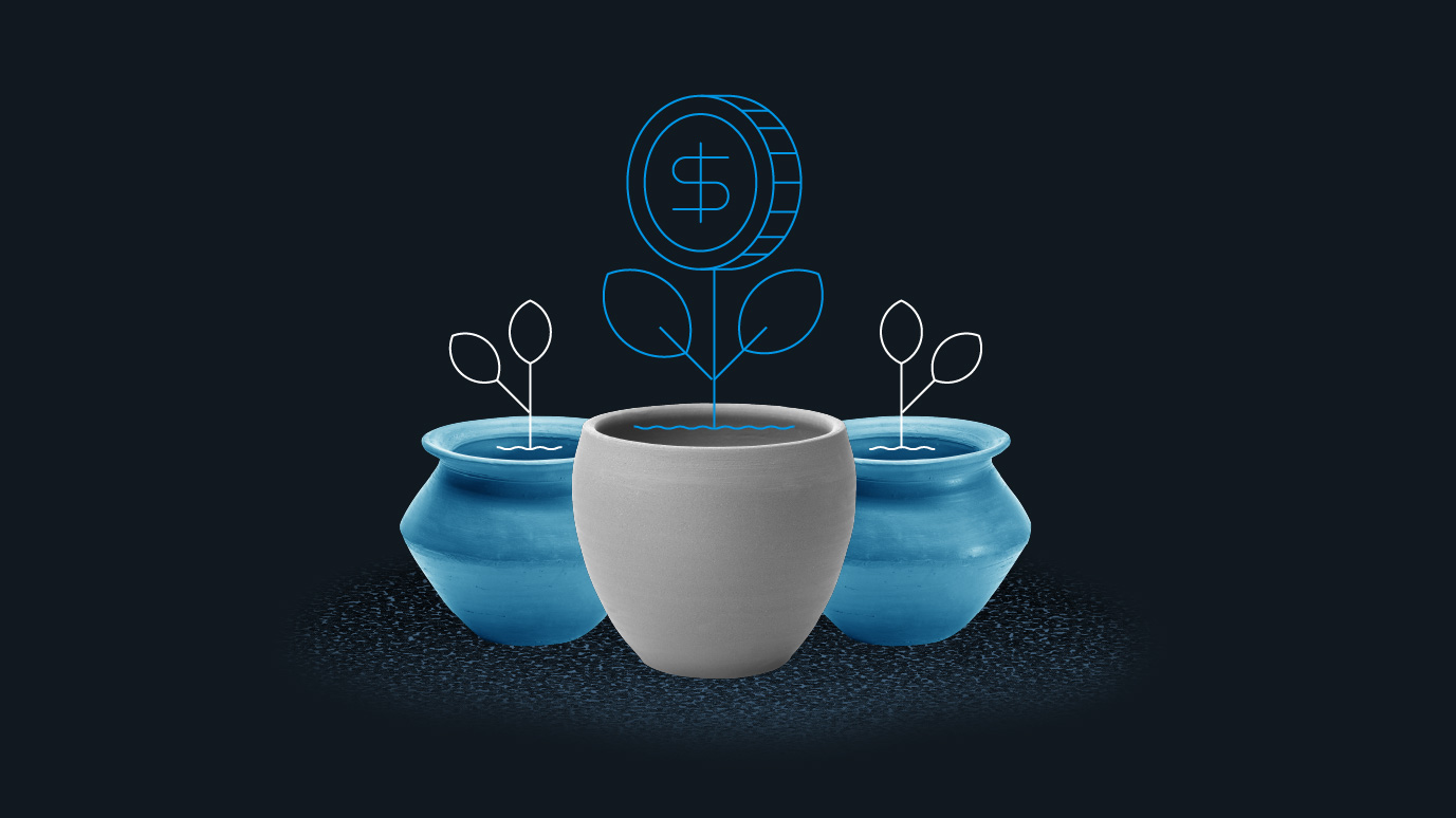 Three potted plants are shown growing illustrated leaves, along with an illustrated coin to allude to the concept of the best long-term investments.