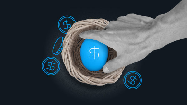 A hand is shown reaching into a basket that holds an egg with a dollar sign illustration.