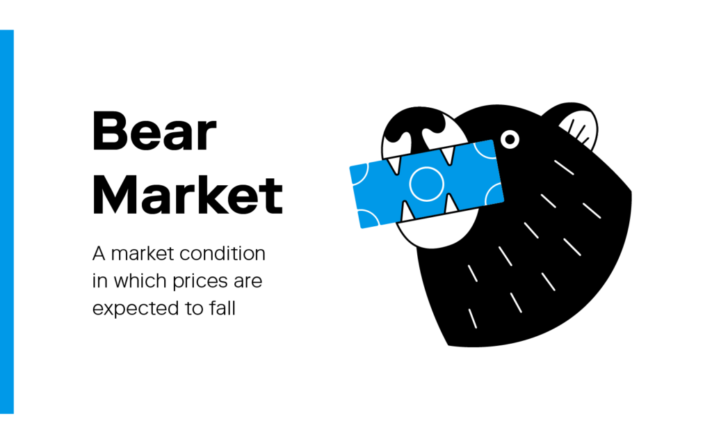 An illustration of a bear accompanies the definition for 'bear market,' an essential stock market vocabulary word. 