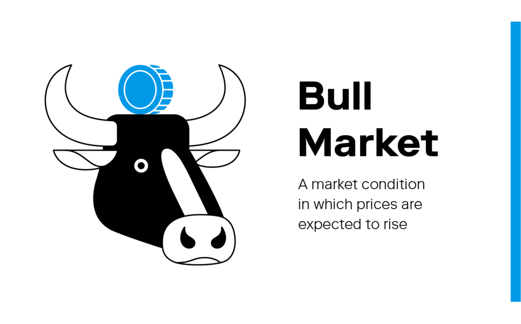An illustration of a bull accompanies the definition for 'bull market’. 