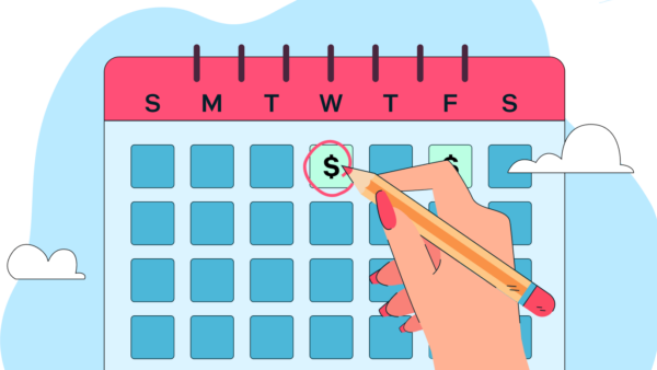 An illustrated calendar with a hand pointing to Wednesday as the new pay day because of early direct deposit