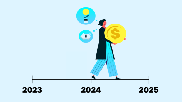 illustrated woman with money in her hands walking over a timeline from. the year 2023 to the new year of 2024