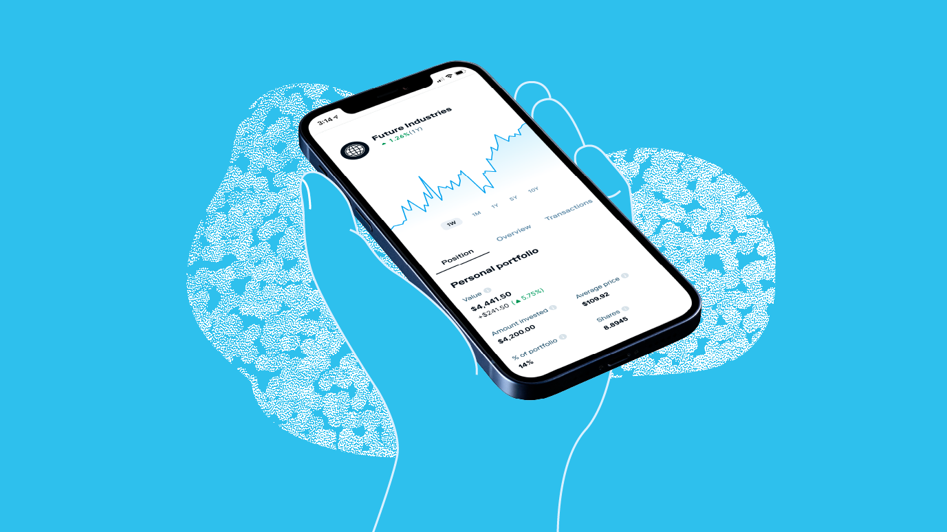 An illustrated hand holds an iphone displaying stock market graphs, alluding to the concept of how to invest 1000 dollars.