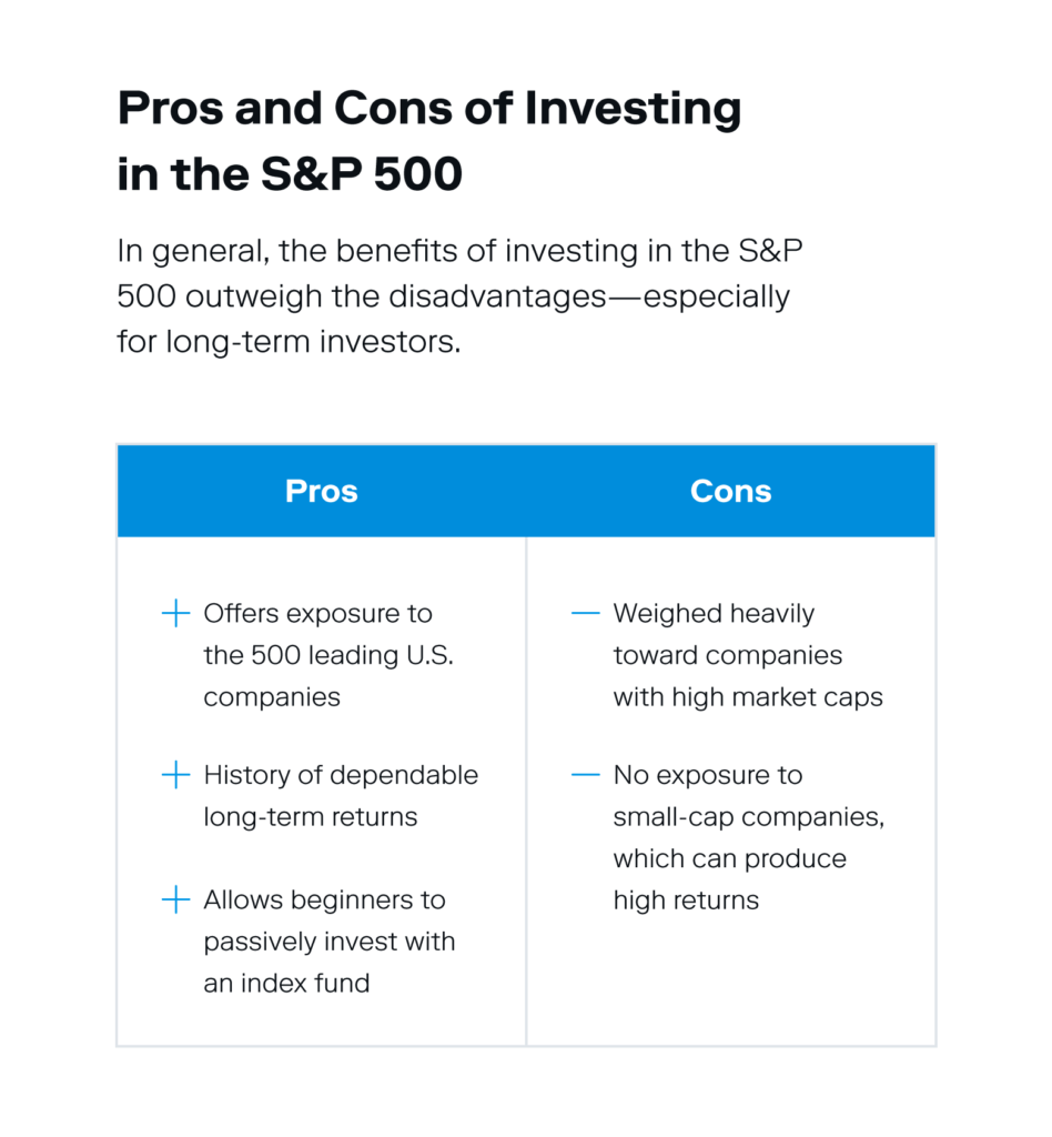 A comparison chart is shown breaking down the pros and cons of investing in the S&P 500. 