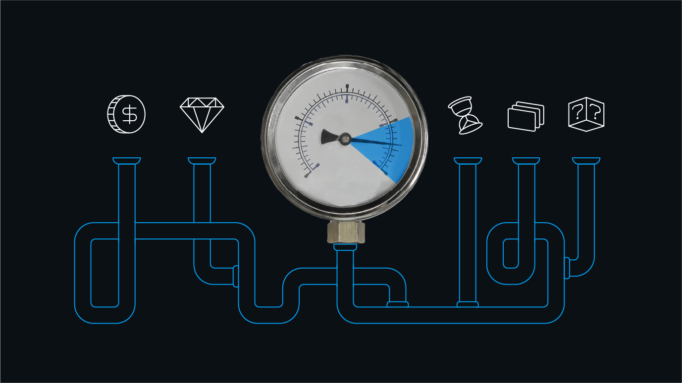 An illustration of pipes connected to different categories representing the elements that make up your credit score accompanies an image of a barometer.