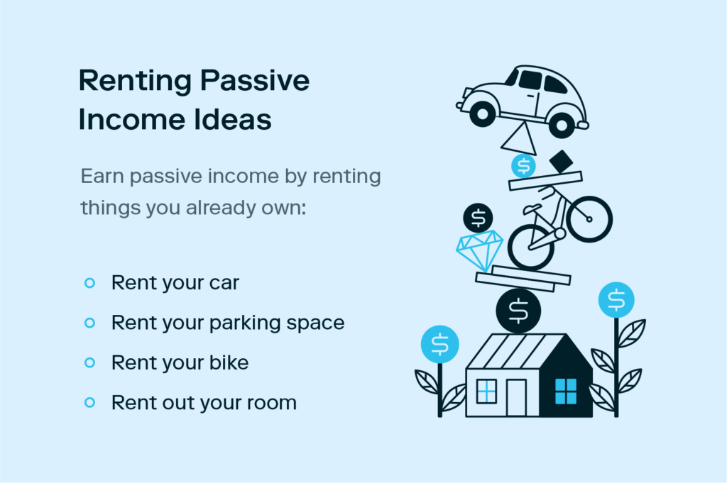 A car is stacked on top of a bike and house to represent different things you can rent as a stream of passive income.