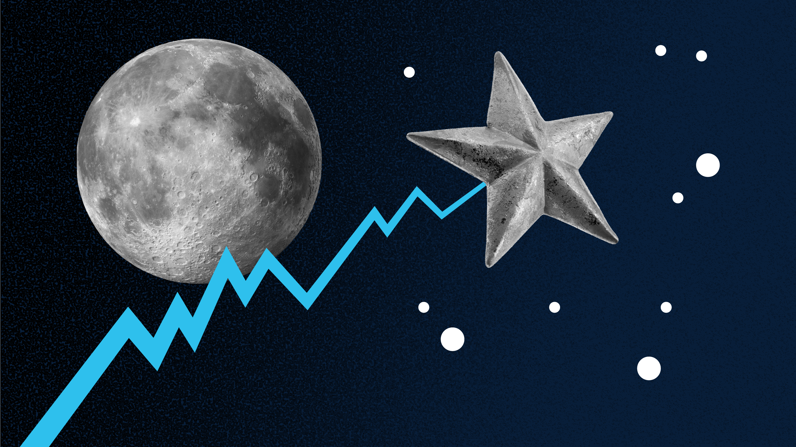 An illustration of a telescope is shown pointing towards the sky where the path of a shooting star can be seen, alluding to the concept of short term vs. long term investing.