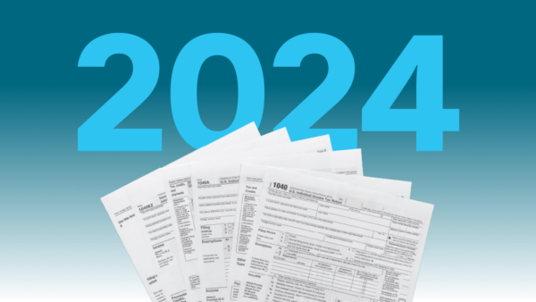 Tax forms spread neatly across the illustration with the year 2024 in the background