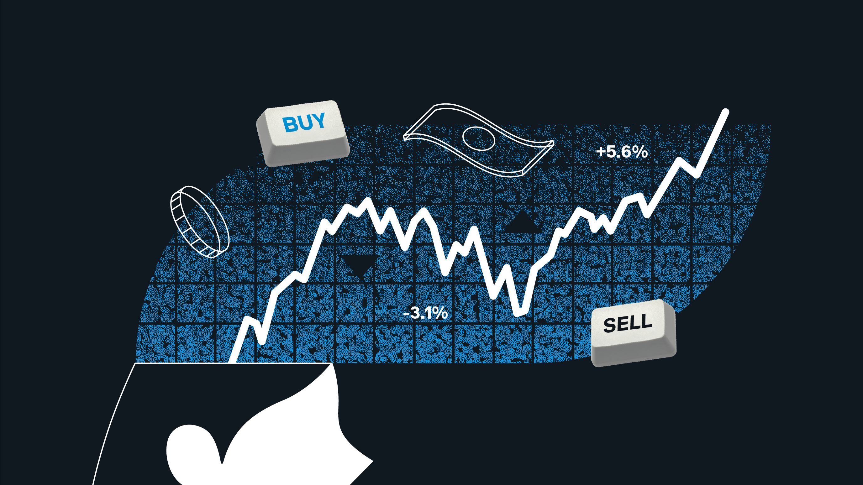 An illustrated head is pouring out icons alluding to stock markets and stock market statistics, including terms like “buy” and “sell,” as well as a credit card and coin.