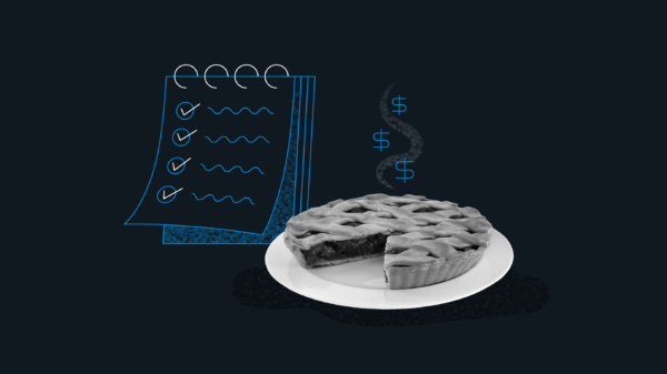 A photograph of a pie is shown next to an illustrated checklist, alluding to the topic of personal financial planning.