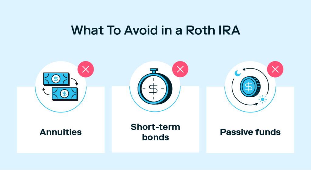 A graphic lists three things to avoid in a Roth IRA.